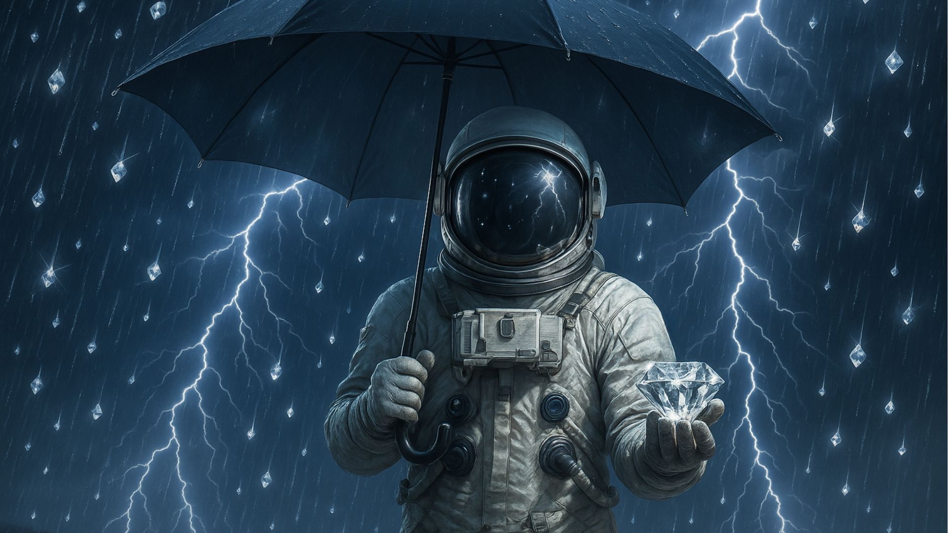 Astronaut holding an umbrella and a diamond in a rainstorm with lightning.