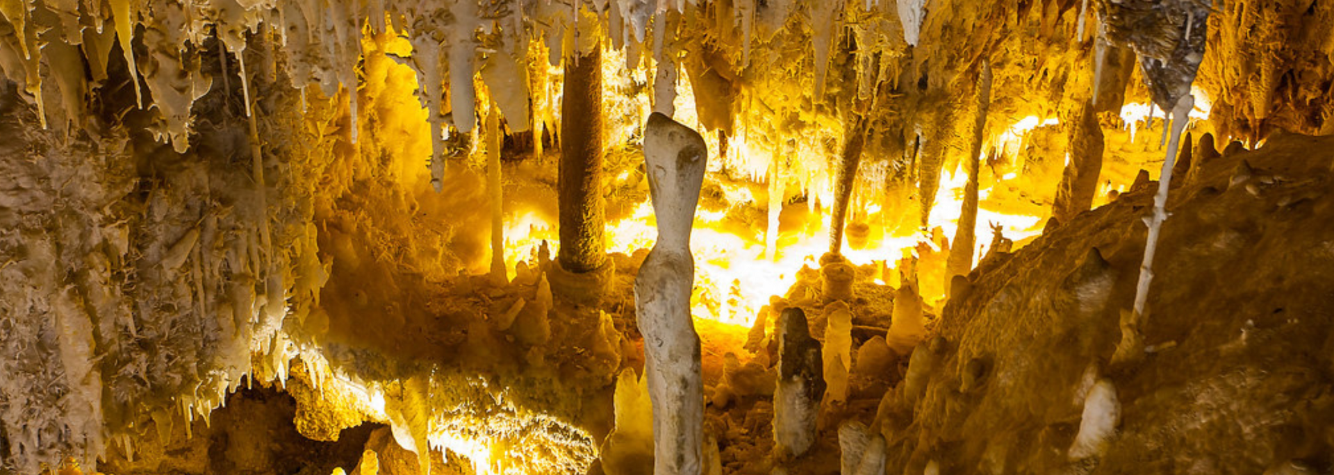 Inside a cave, illuminated by yellow lights. Stalactites and stalagmites are visible in the cave formation.