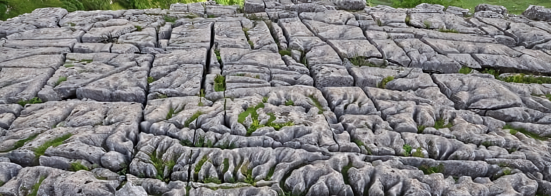 Gray, cracked limestone pavement with green grass between the fissures.