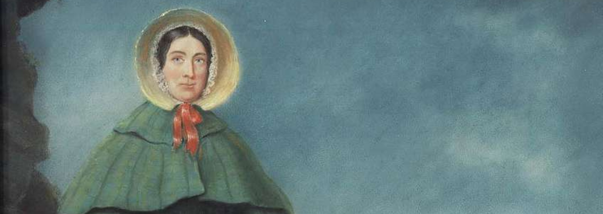 Woman in a green cloak and bonnet against a cloudy blue background.