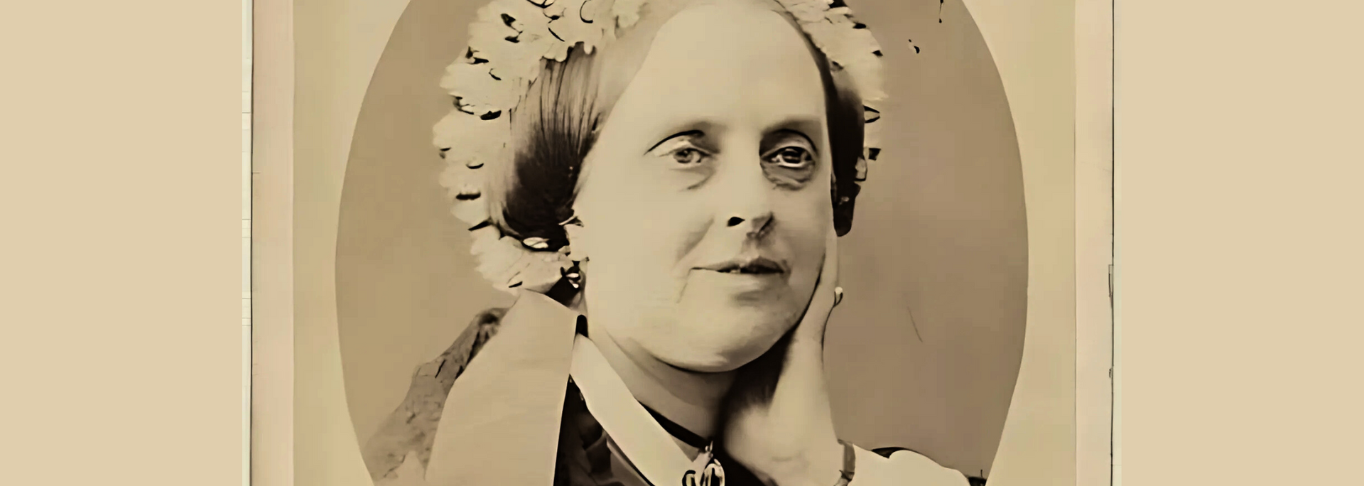 Vintage sepia portrait of a woman wearing a bonnet and holding her cheek.