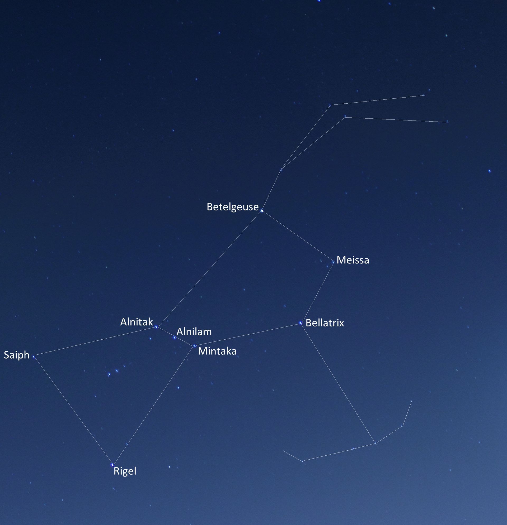 Constellation of Orion the Hunter in a dark blue night sky with several stars labeled.