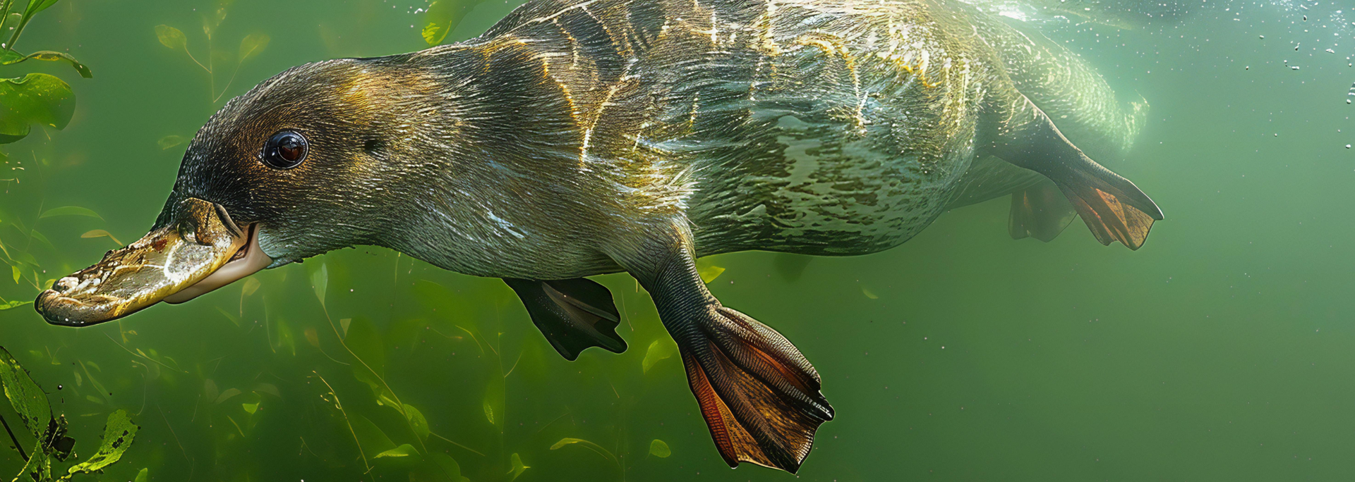 A duck-billed platypus swims underwater in a murky green environment, showing its beak and webbed feet.