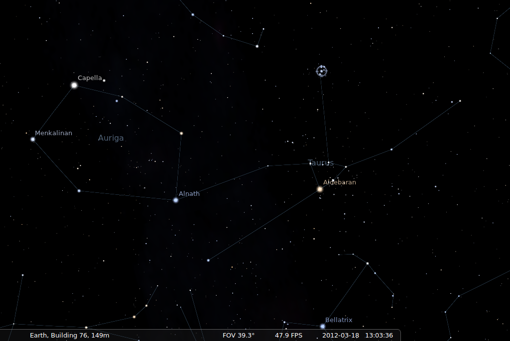 A star chart showing constellations in the night sky. The constellations include Perseus, Auriga, and Taurus.
