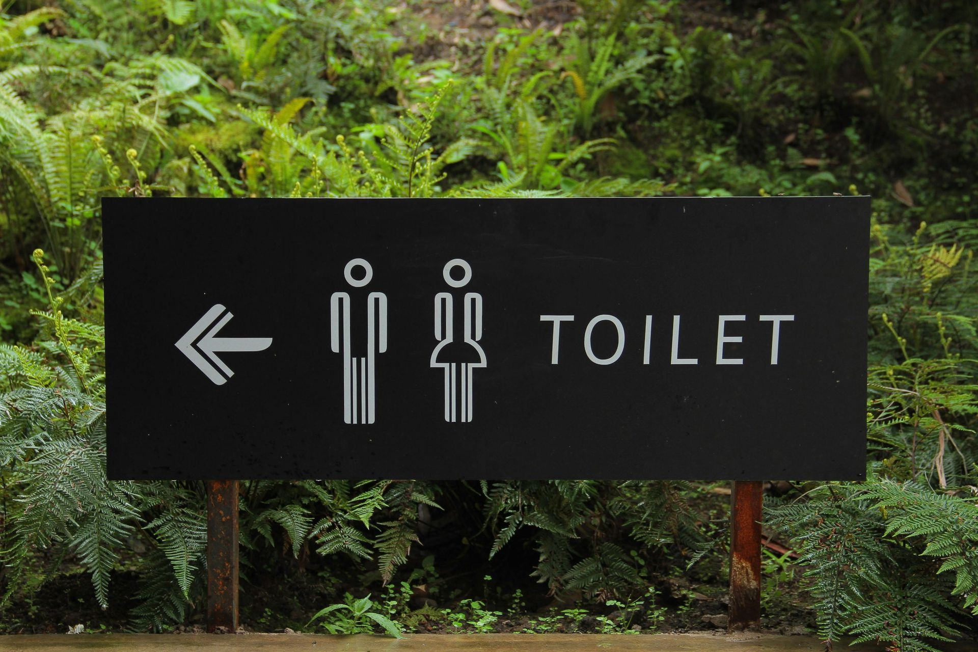 Black sign with male and female symbols, arrow, and 