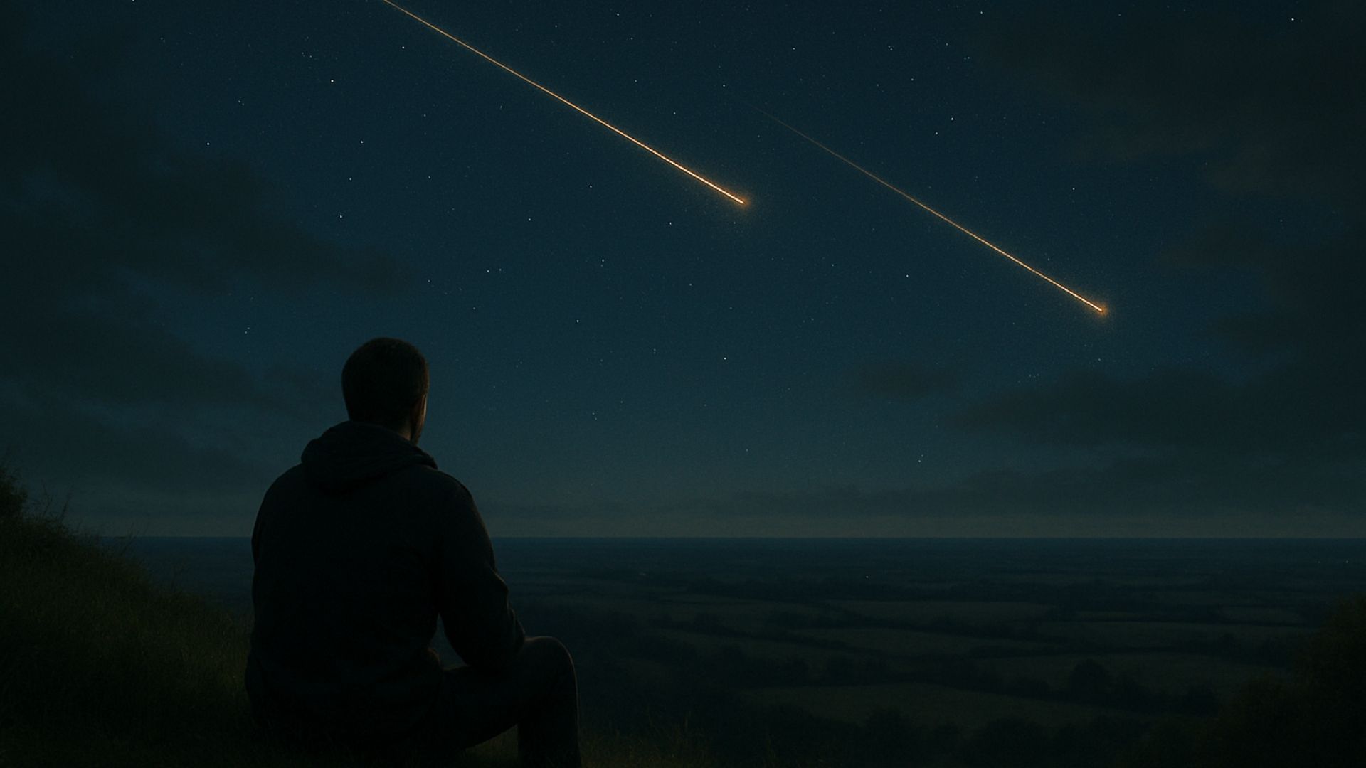 A person sits and watches two streaks of light fall across a dark night sky.
