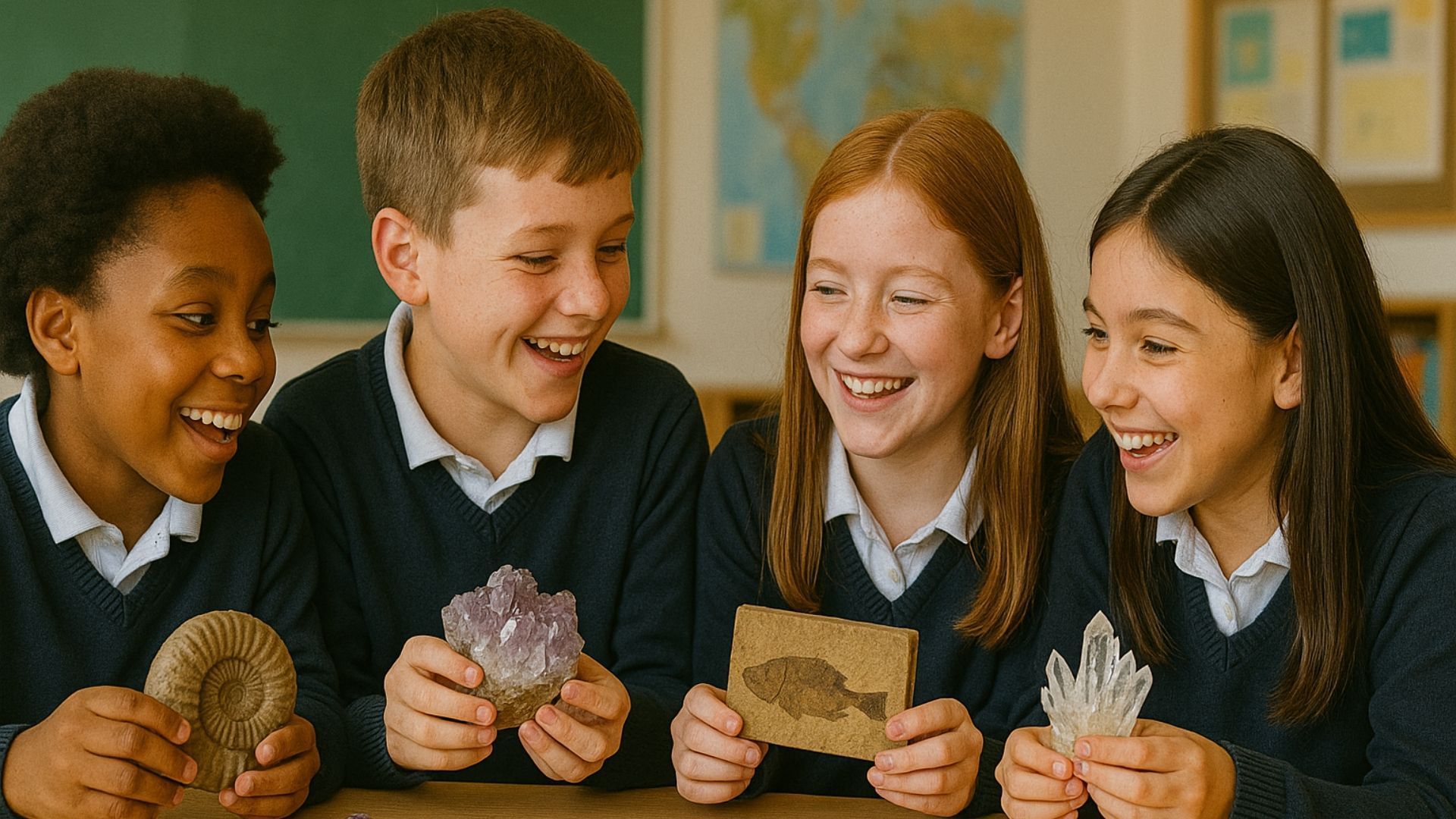 Four students in school uniforms laugh, holding fossils and crystals in a classroom.