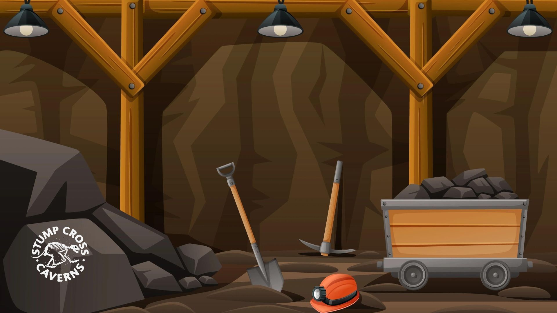 Mine shaft interior with tools, coal cart, and hard hat.