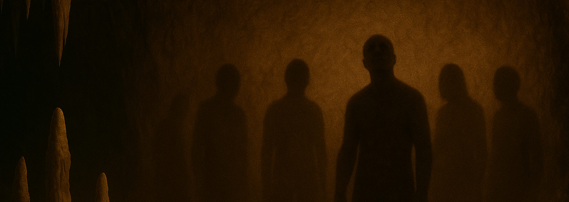 Silhouetted figures in a golden, misty environment.
