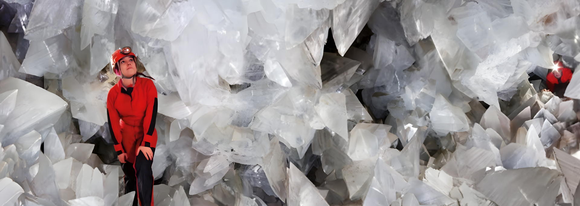 Person in red jumpsuit exploring a cave filled with large white crystal formations.