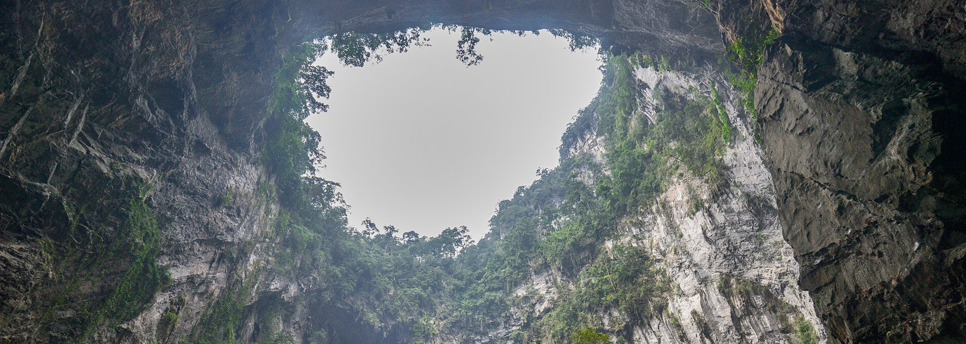 Inside a cave, looking up at a bright, circular opening framed by rock and lush greenery.