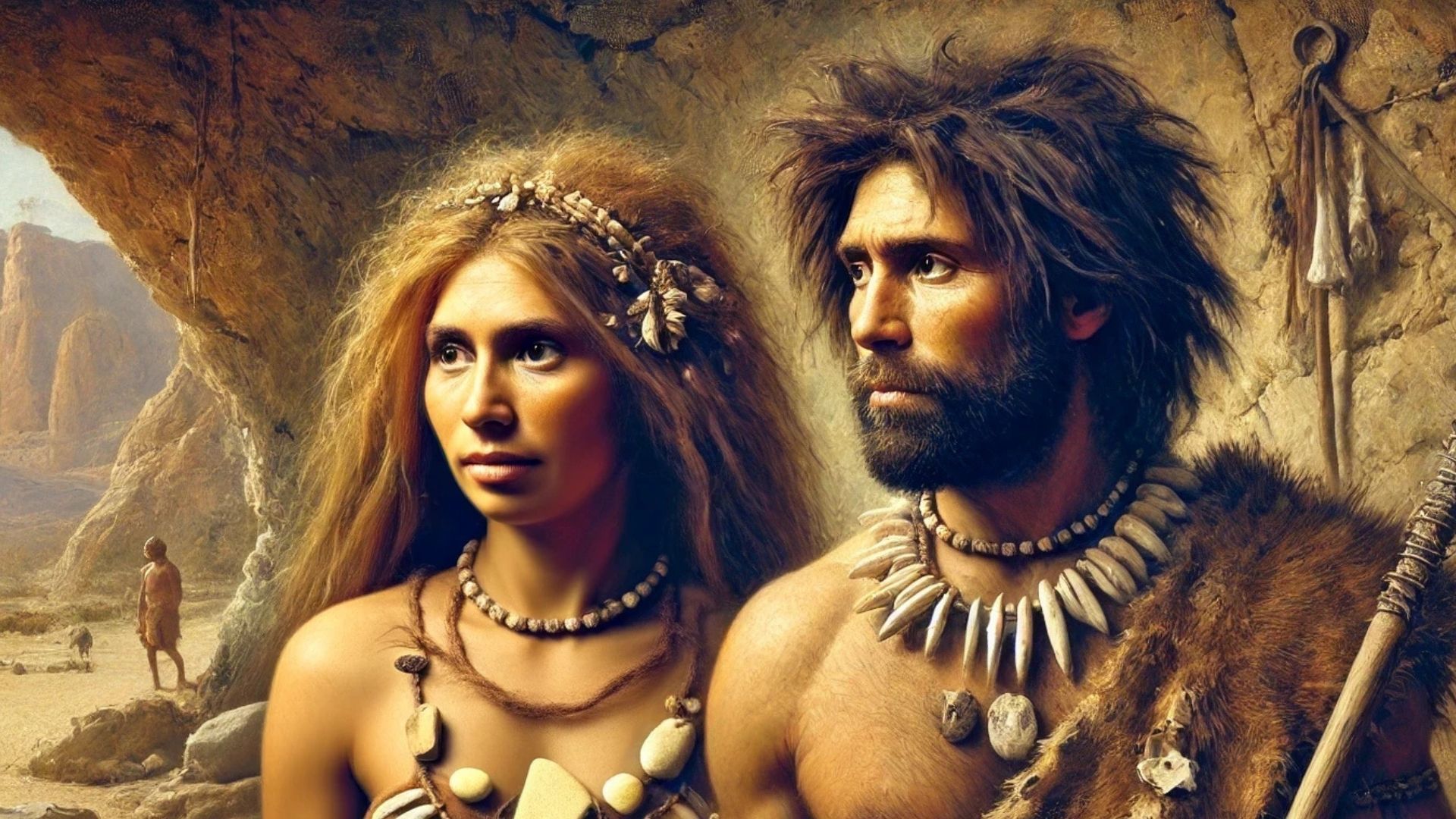 Two people adorned with primitive jewelry, stand near a cave entrance, looking out over a desert landscape.