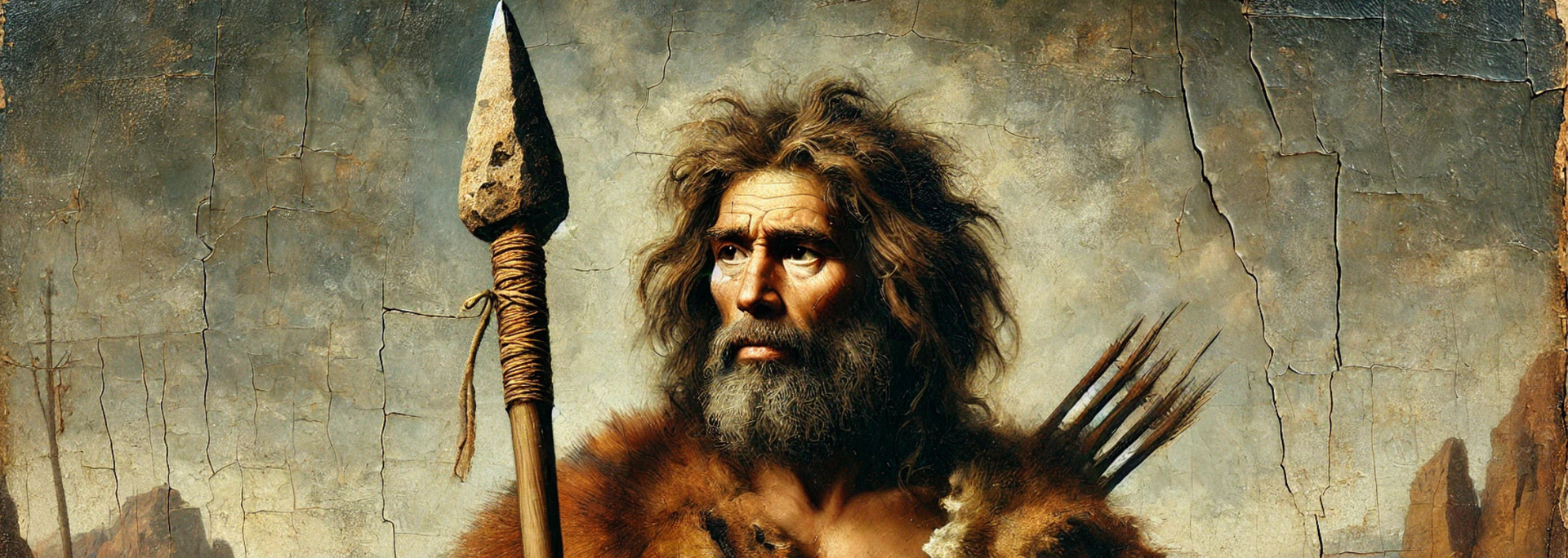 A man in animal fur holds a spear, with a bow and arrows on his back, in a cave painting style.