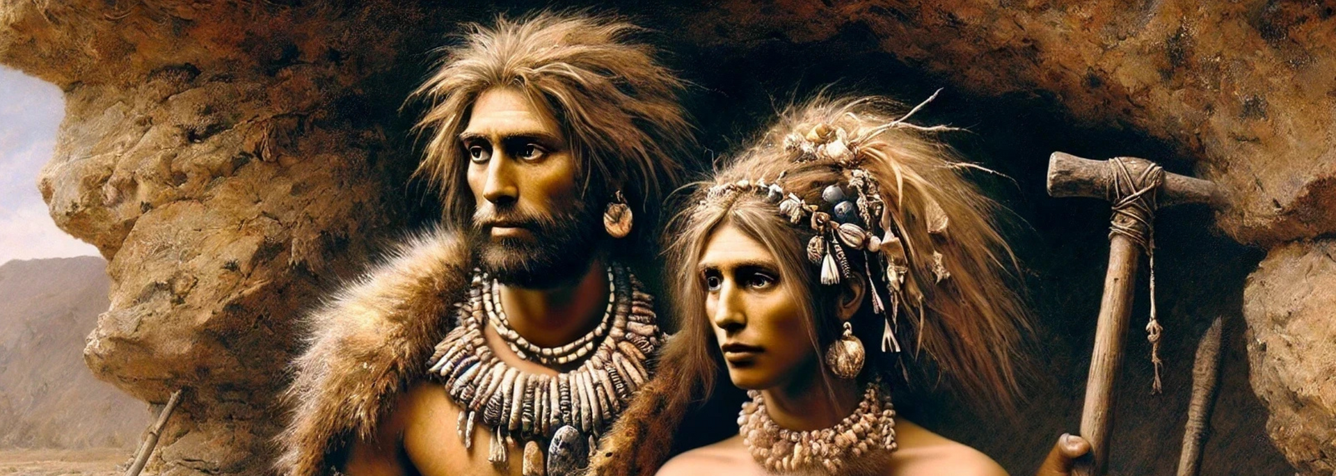 Two people, possibly cave dwellers, stand near an opening. They wear ornate necklaces and hair adornments.