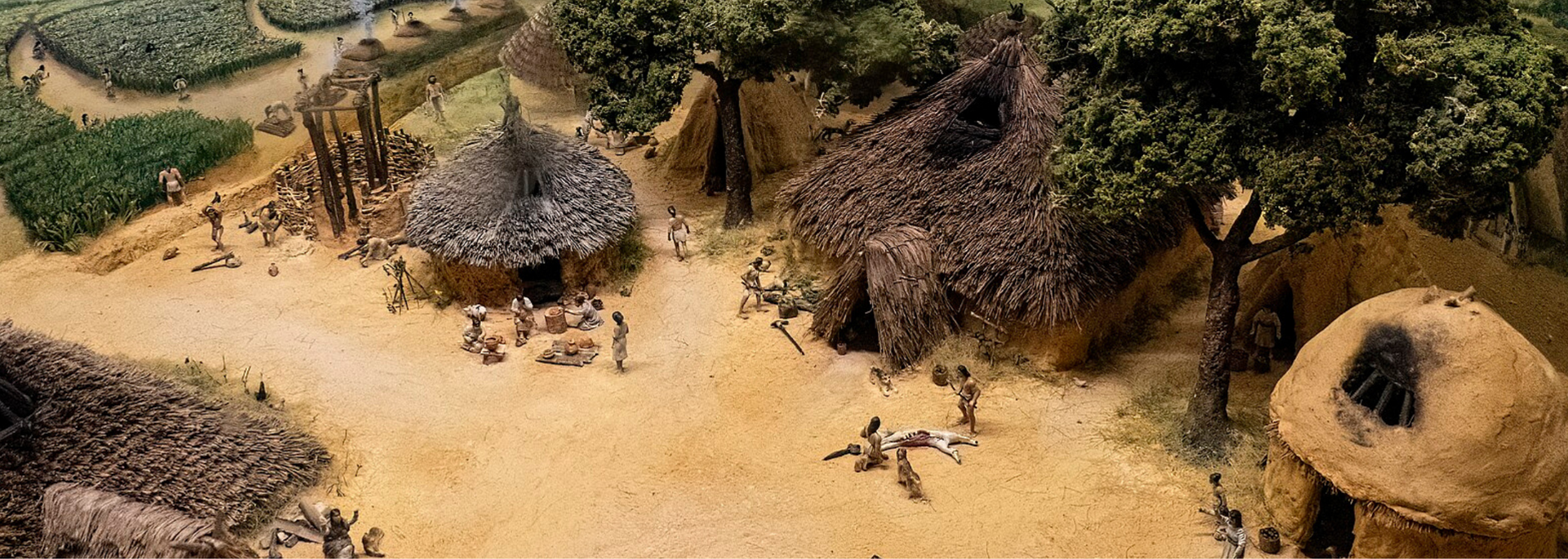 Diorama of an African village with huts, crops, and figures in an outdoor setting.