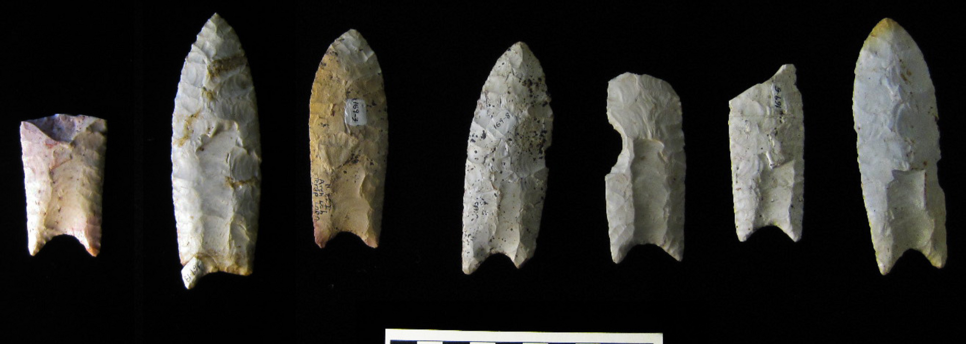Seven stone artifacts of different shapes, displayed against a black background.