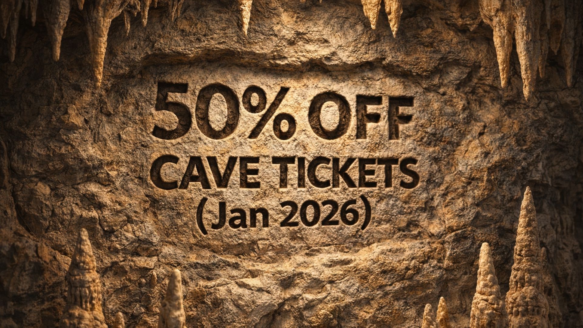 50% off cave tickets offer, carved into a rock wall, (Jan 2026).
