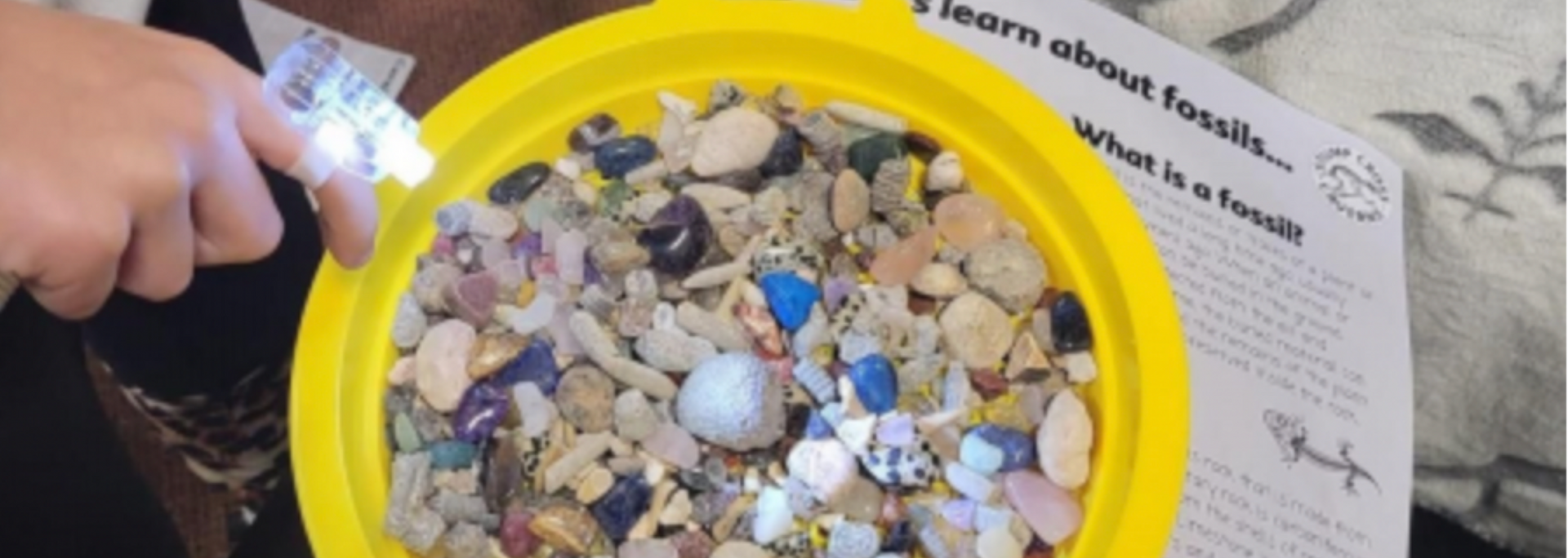 A hand holding a flashlight shines on a yellow bowl filled with rocks and small objects, next to a paper titled 