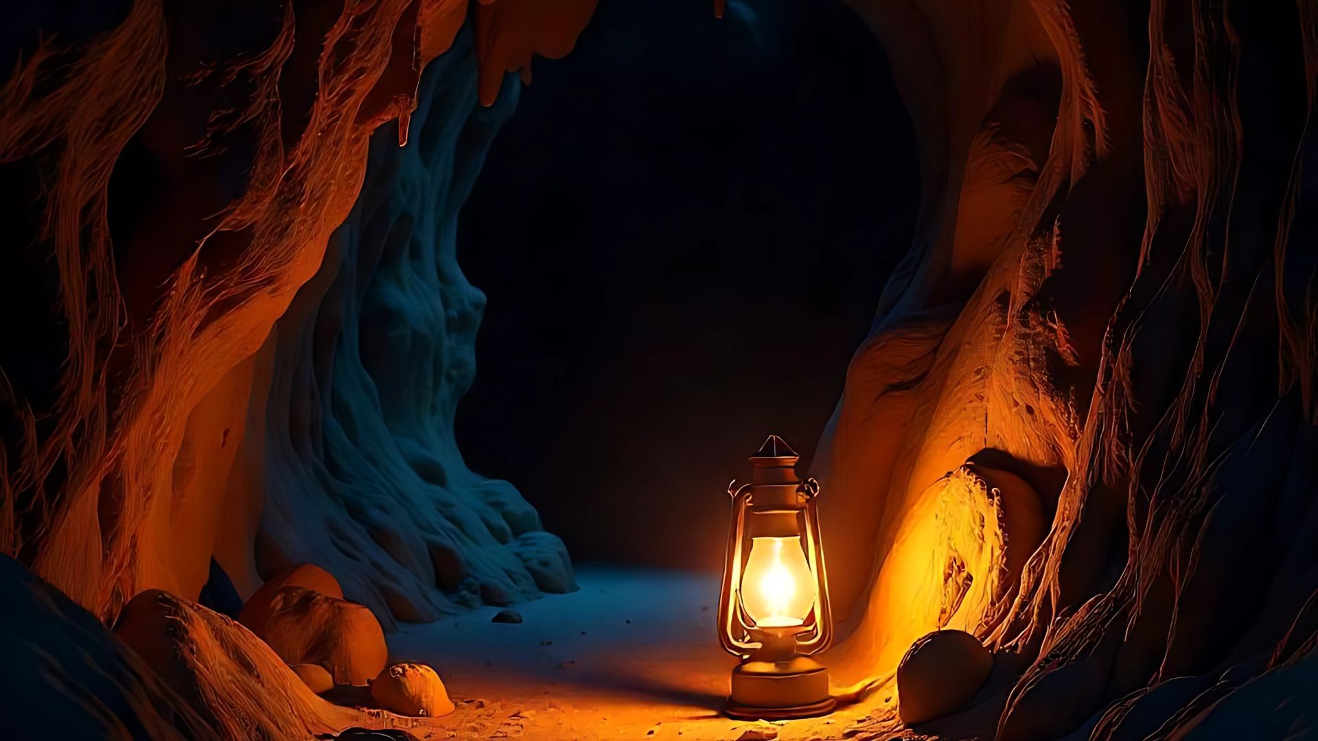 A lit lantern in a dark cave illuminates the sandy walls, creating warm glow.
