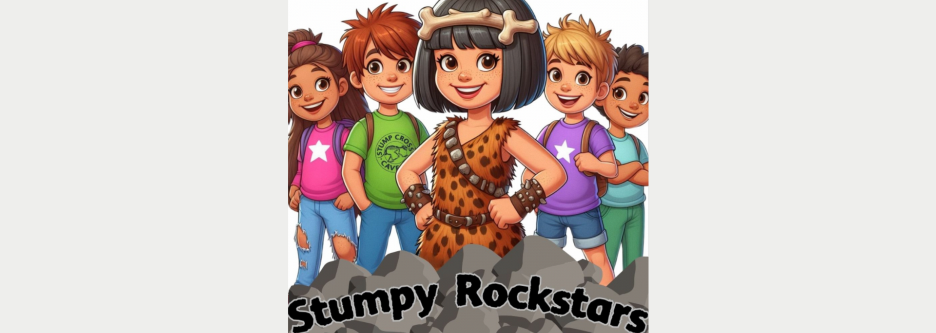 Group of children posing. The main child wears a bone crown and animal skin. Title: Stumpy Rockstars.