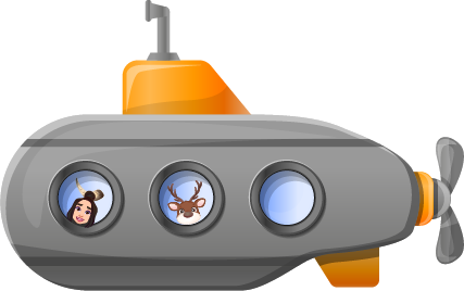 Cartoon submarine with three porthole windows. One window shows a person, the other shows a deer. Orange and gray colors.