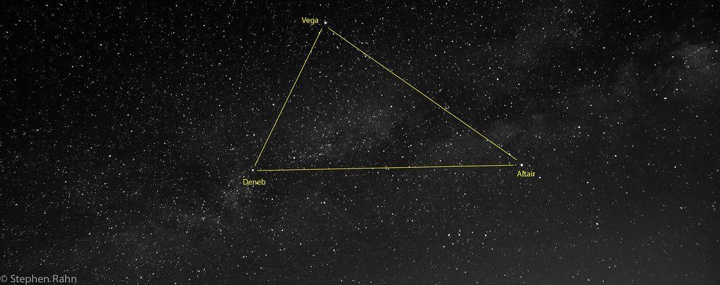 Night sky with stars. Bright triangle shape outlined in yellow lights.