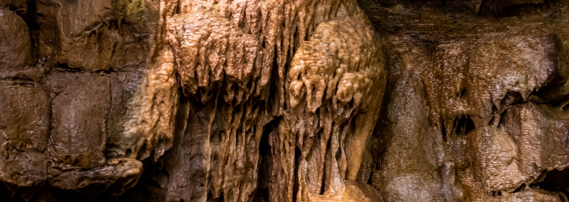 Cave wall with brown and tan rock formations, including stalactites and a stalagmite.