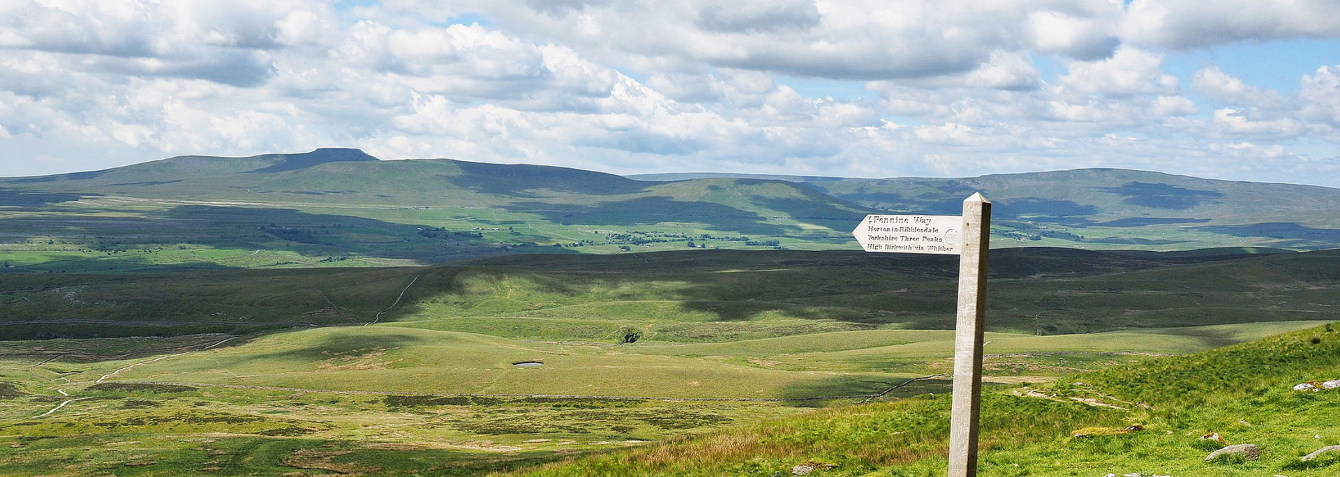 Signpost in a grassy field, mountains in the distance under a cloudy sky.
