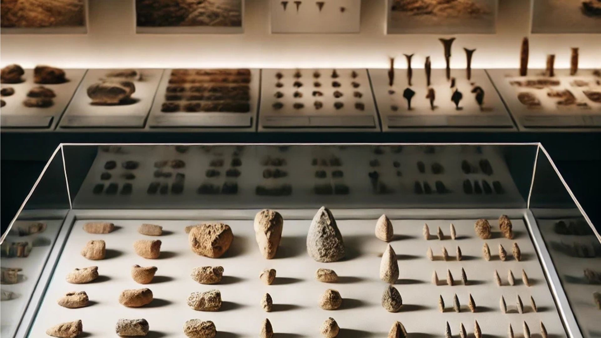 Display case of ancient artifacts; pottery and small stone objects on shelves under gallery lighting.
