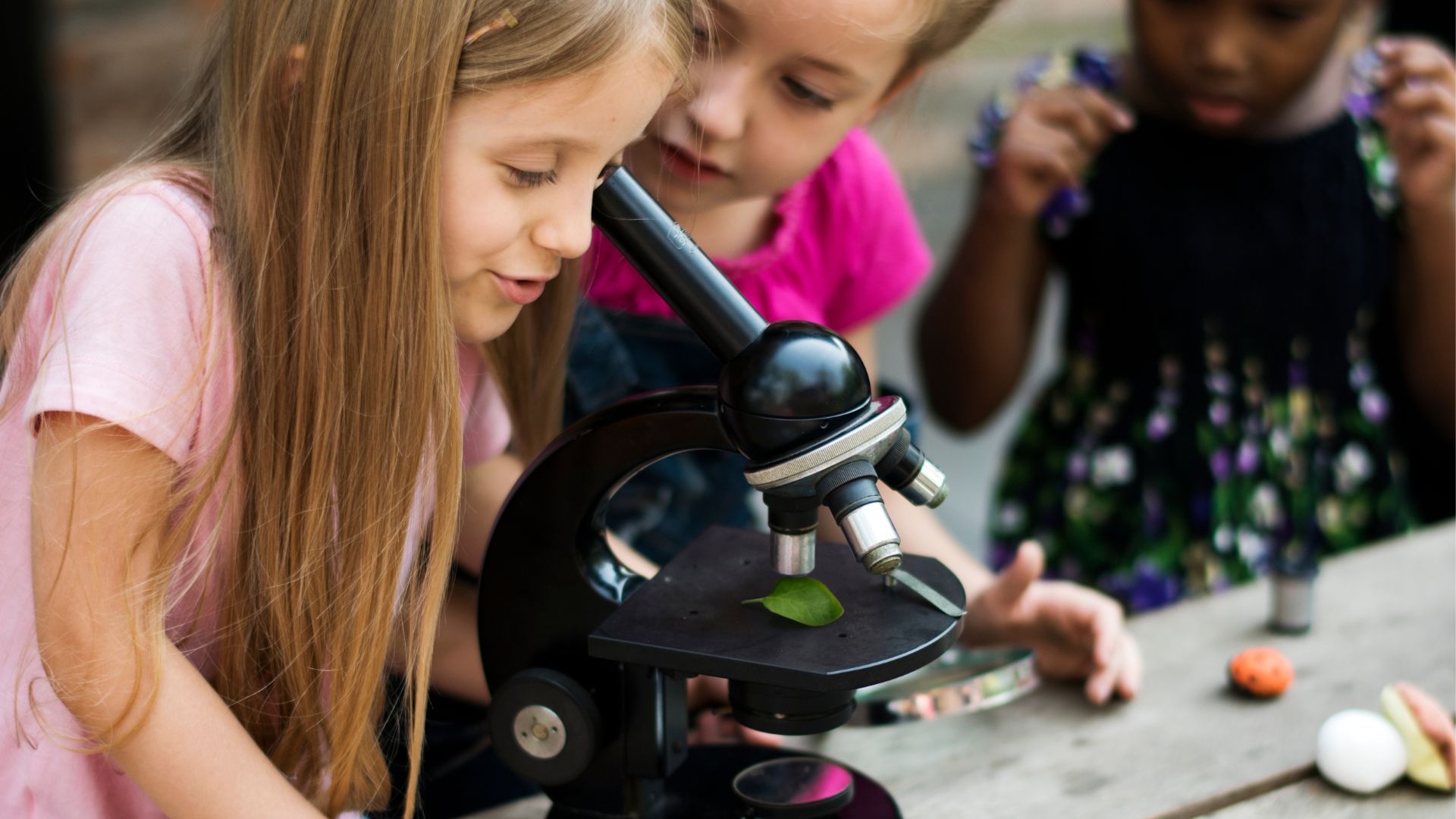 Children examining a leaf under a microscope outdoors.