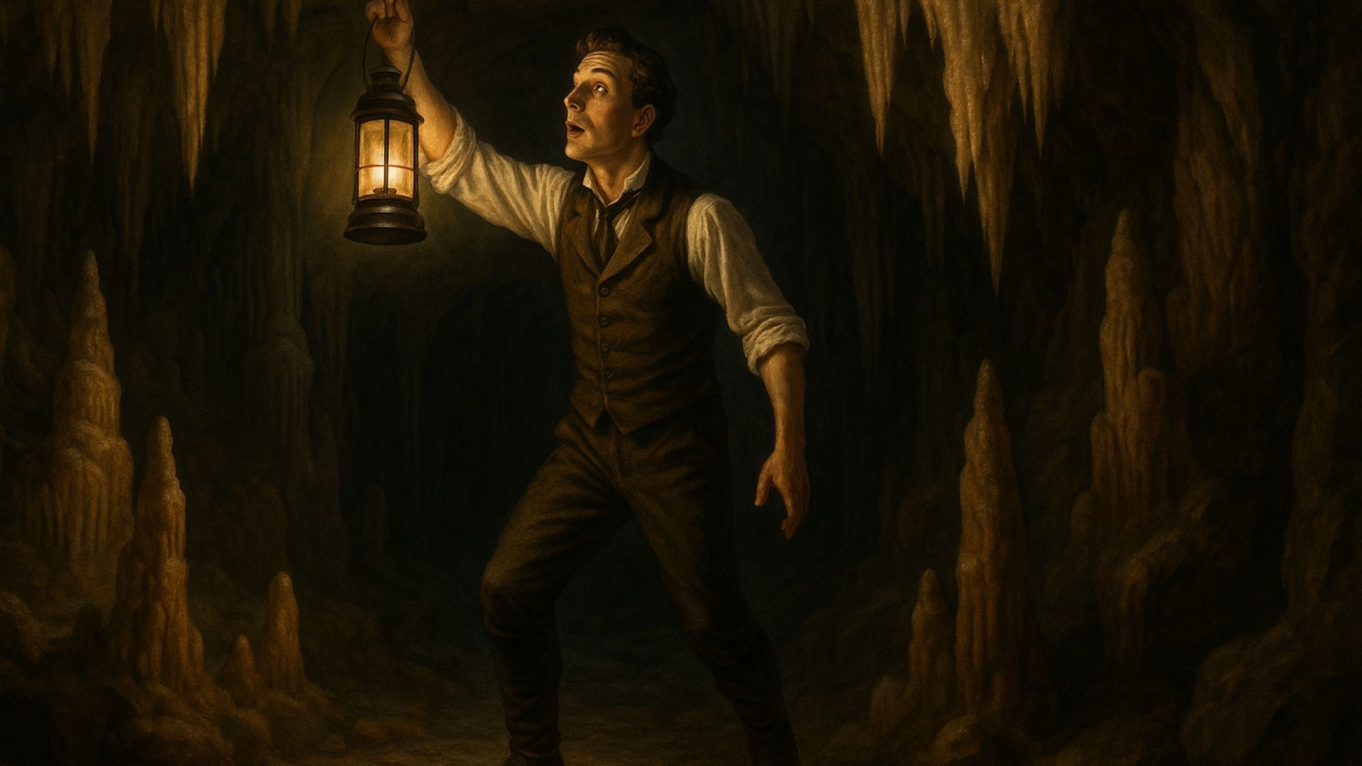 Man with lantern exploring a dark cave, raising light to examine rock formations.