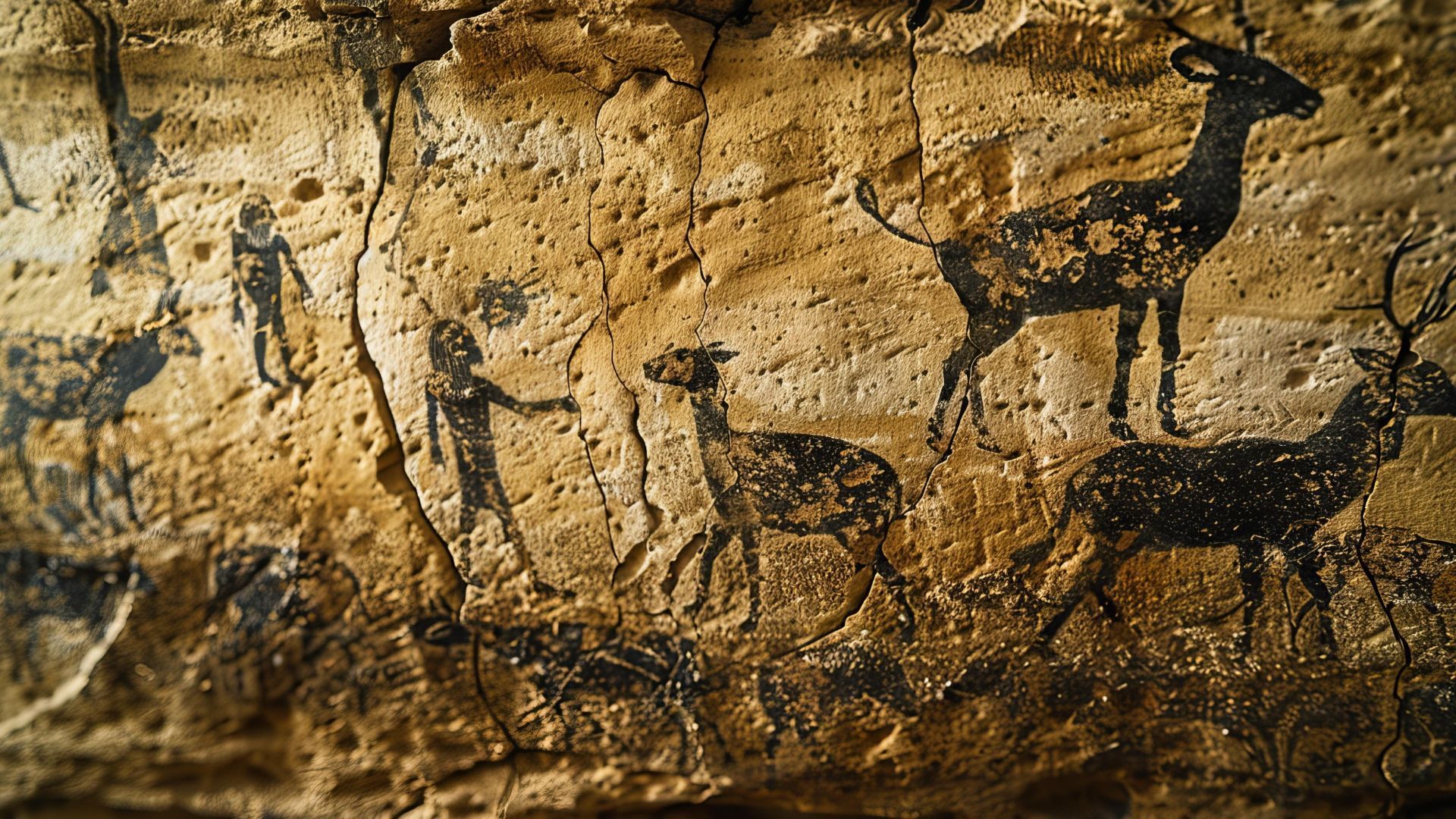 Cave painting: human figures with antelope-like animals, painted in black on a beige rock surface.