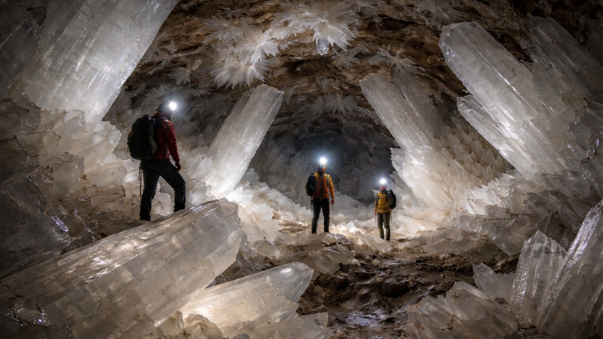 Three people with headlamps explore a cave filled with giant, translucent gypsum crystals.