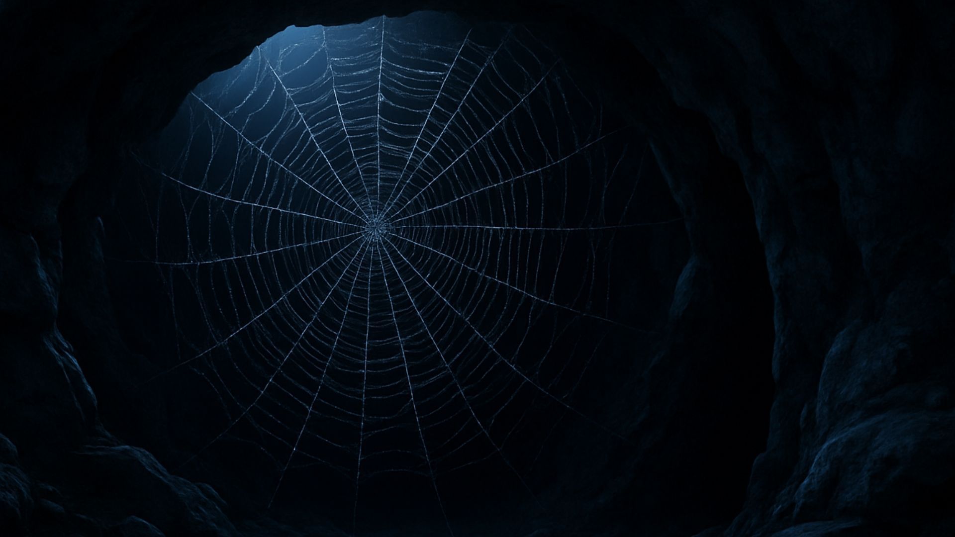 Dark cave entrance with a large spiderweb illuminated in blue light.