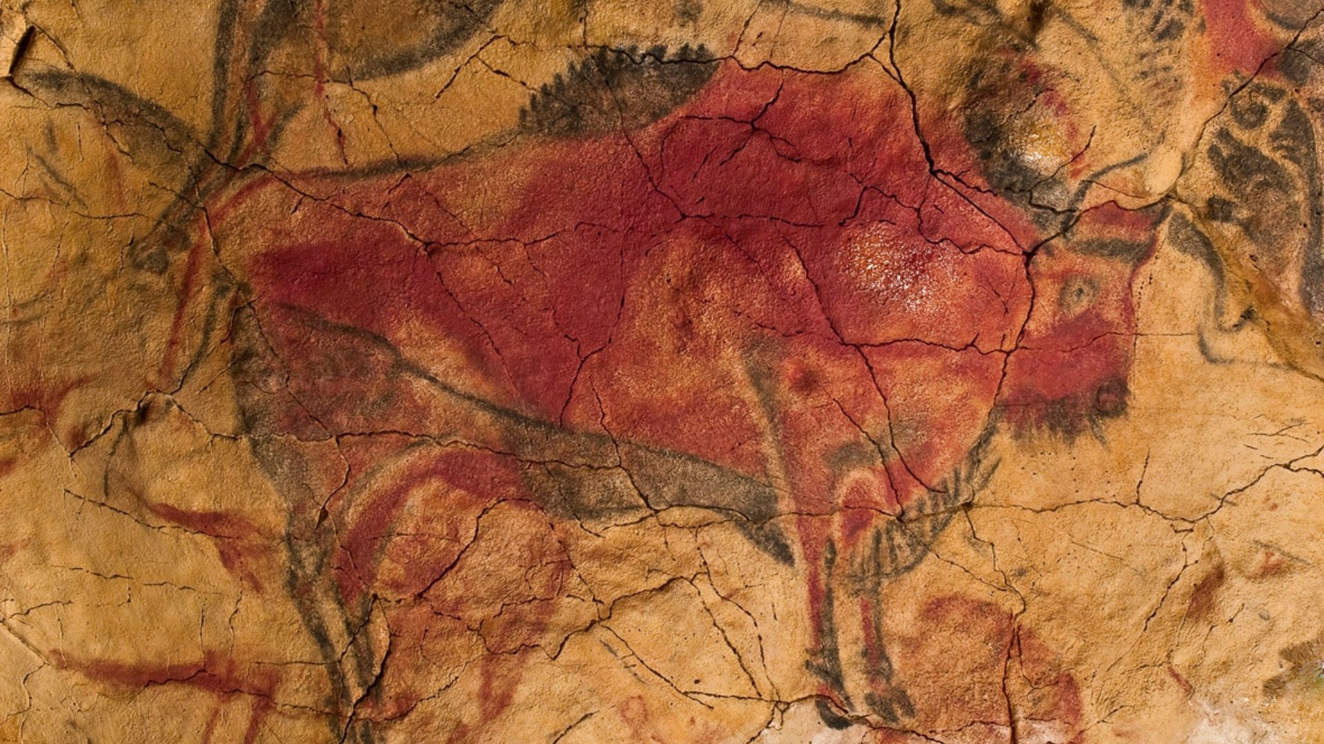 Cave painting of a red bison on a textured, tan cave wall.