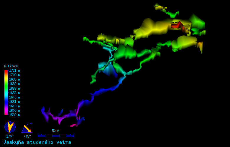 A 3D topographical map of a cave system, colored by altitude, ranging from purple to red.