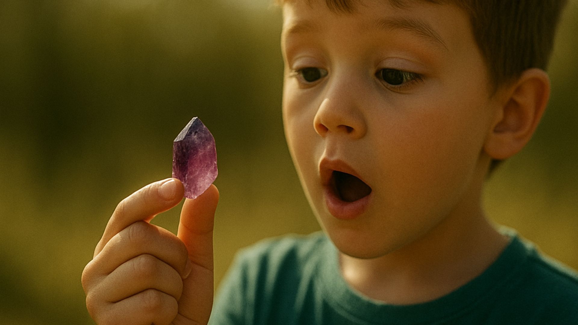 Boy with open mouth, eyes wide, looking at purple crystal in his hand. Outdoors, blurry green background.