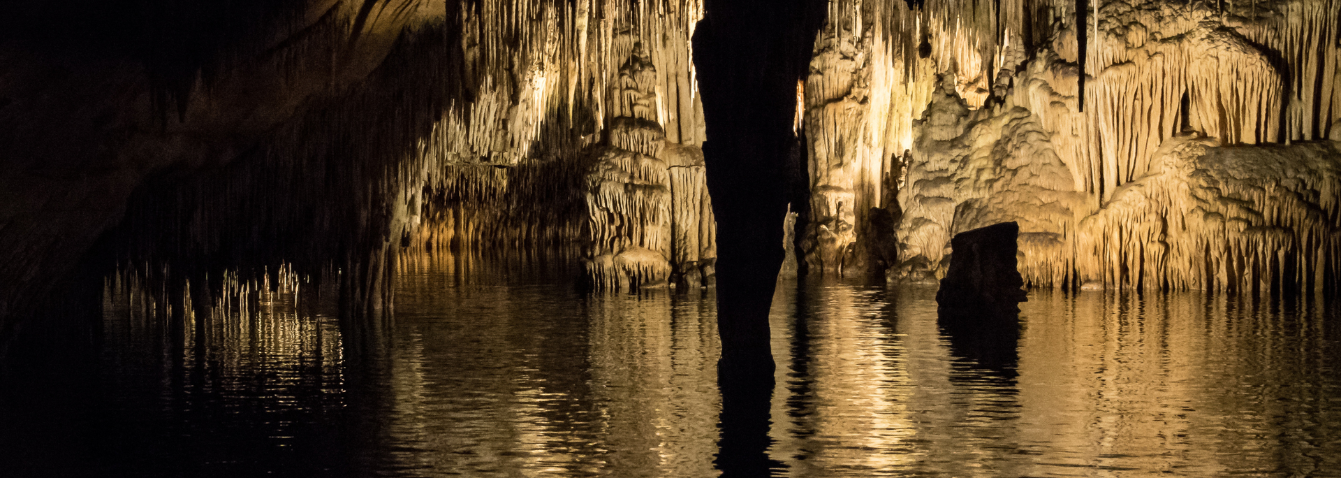 A cave interior with water reflecting stalactites and a large, dark column in the foreground.