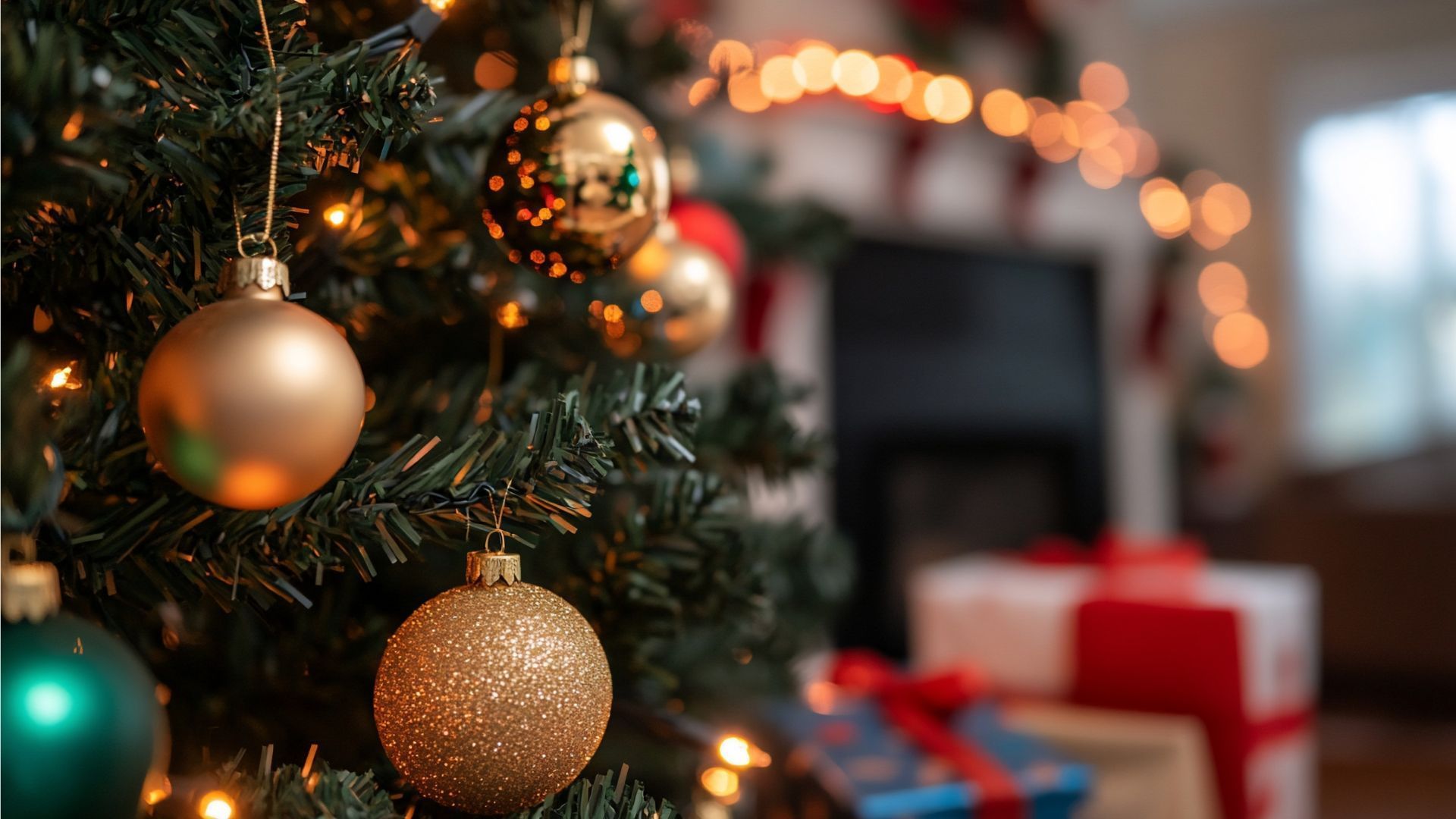 Christmas tree with gold and green ornaments, fairy lights, and wrapped gifts in the background.