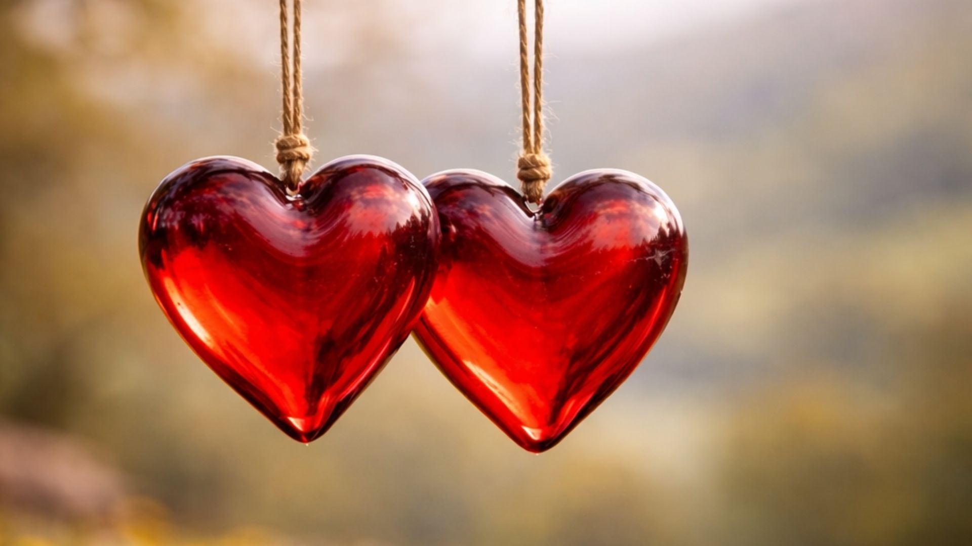 Two red heart-shaped ornaments hanging, blurred natural background.