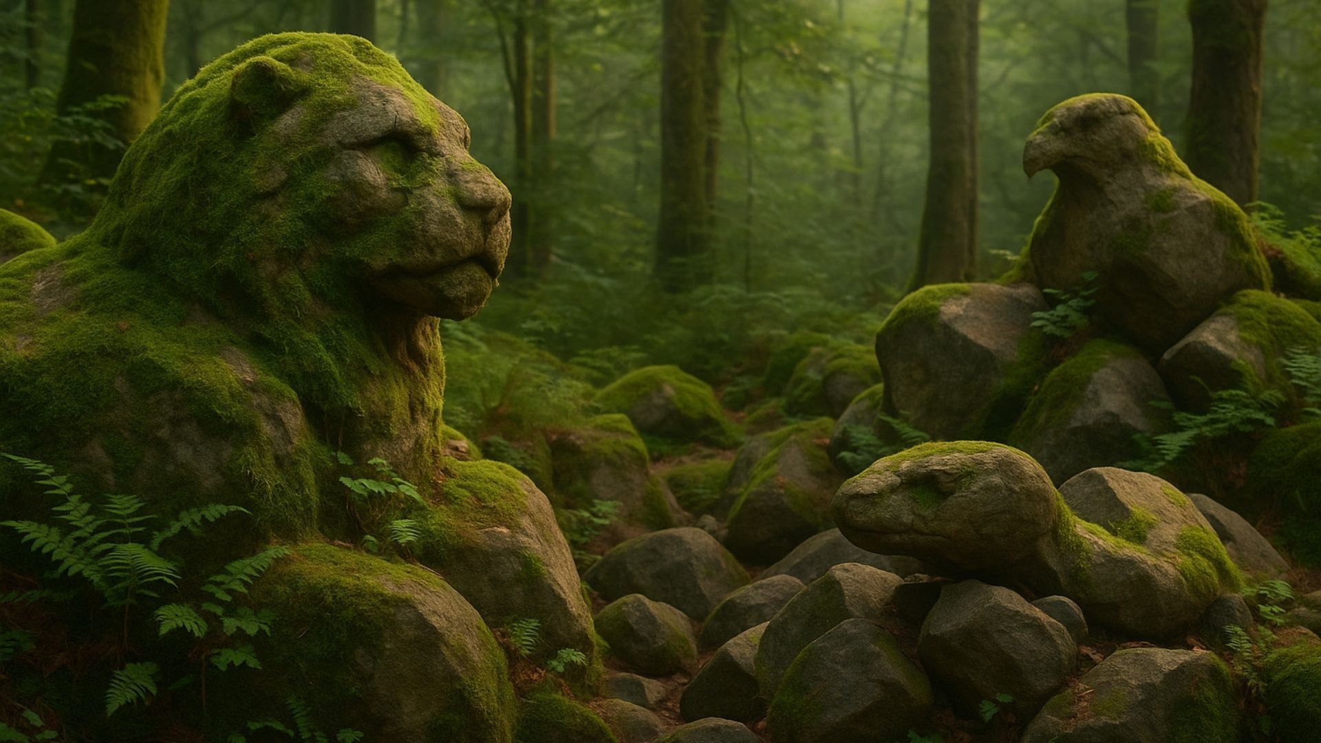 Stone lion, eagle, and snake statues covered in moss, nestled in a lush, green forest.