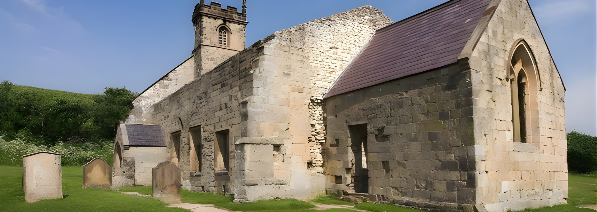 Old stone church ruin on green grass under a blue sky.