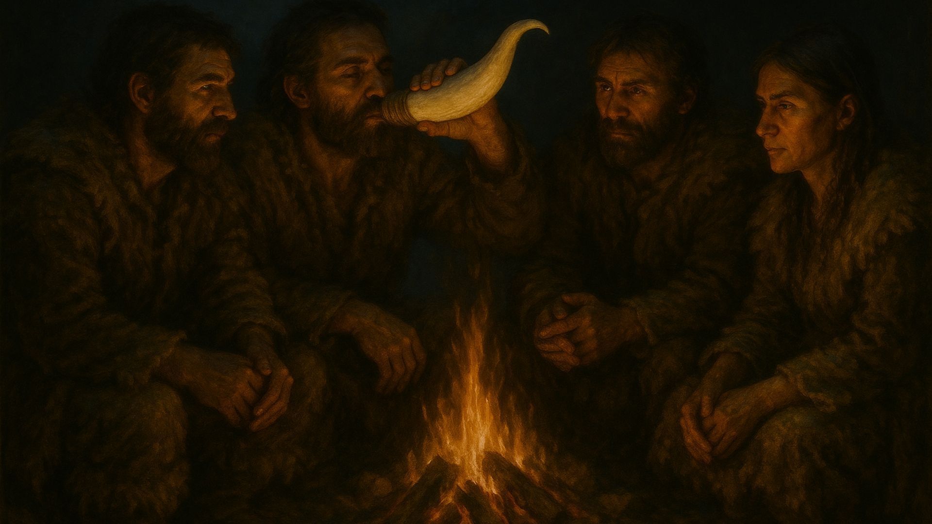 Four people huddled around a fire at night, one drinking from a horn. Dark tones, focused expressions.