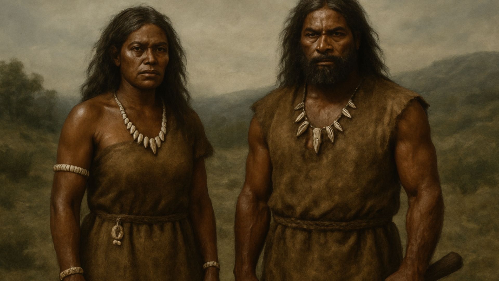 Two people wearing primitive clothing stand in a landscape. They have dark skin and are adorned with necklaces.