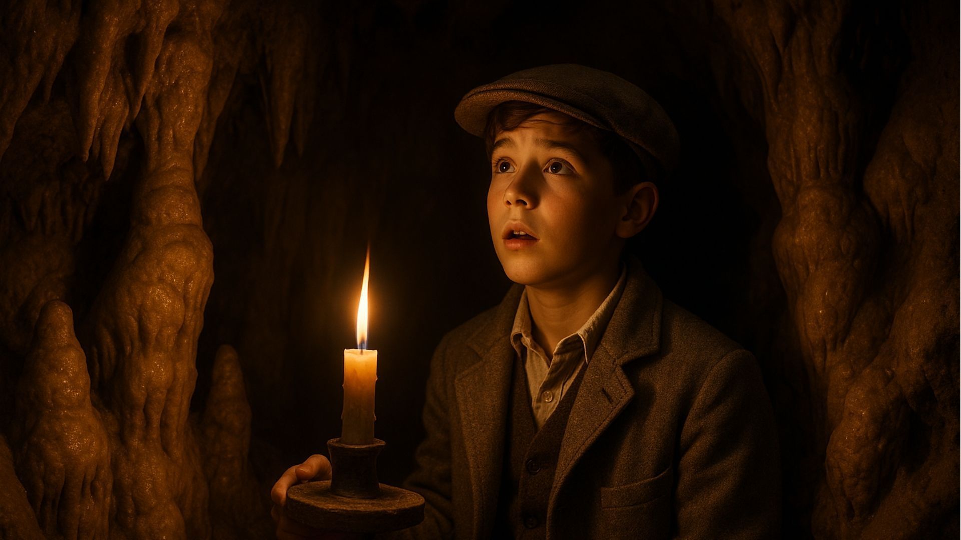 Boy holding candle in dark cave, looking surprised.