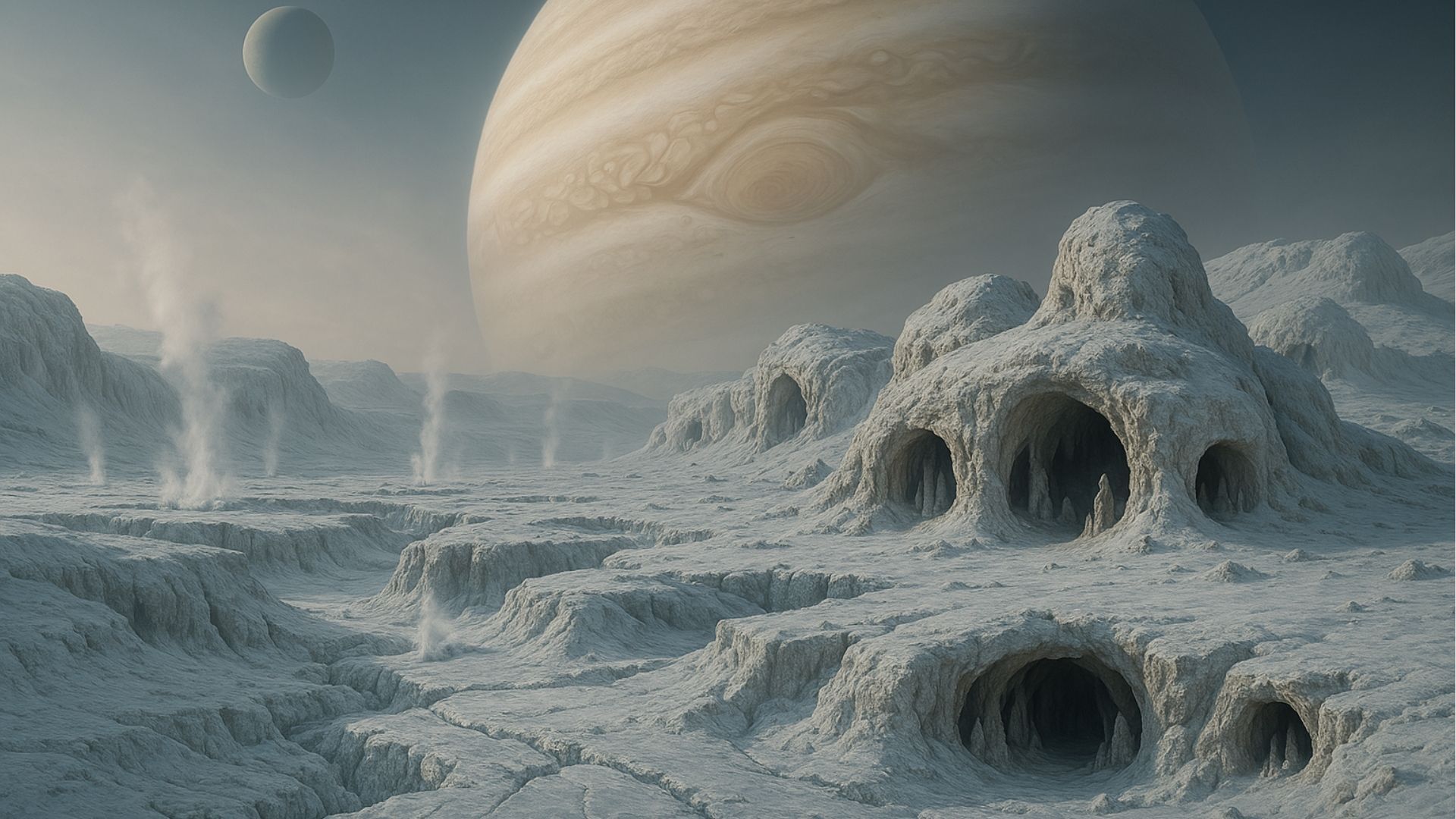 Alien landscape of ice formations with Jupiter and moon in the background; plumes erupt.
