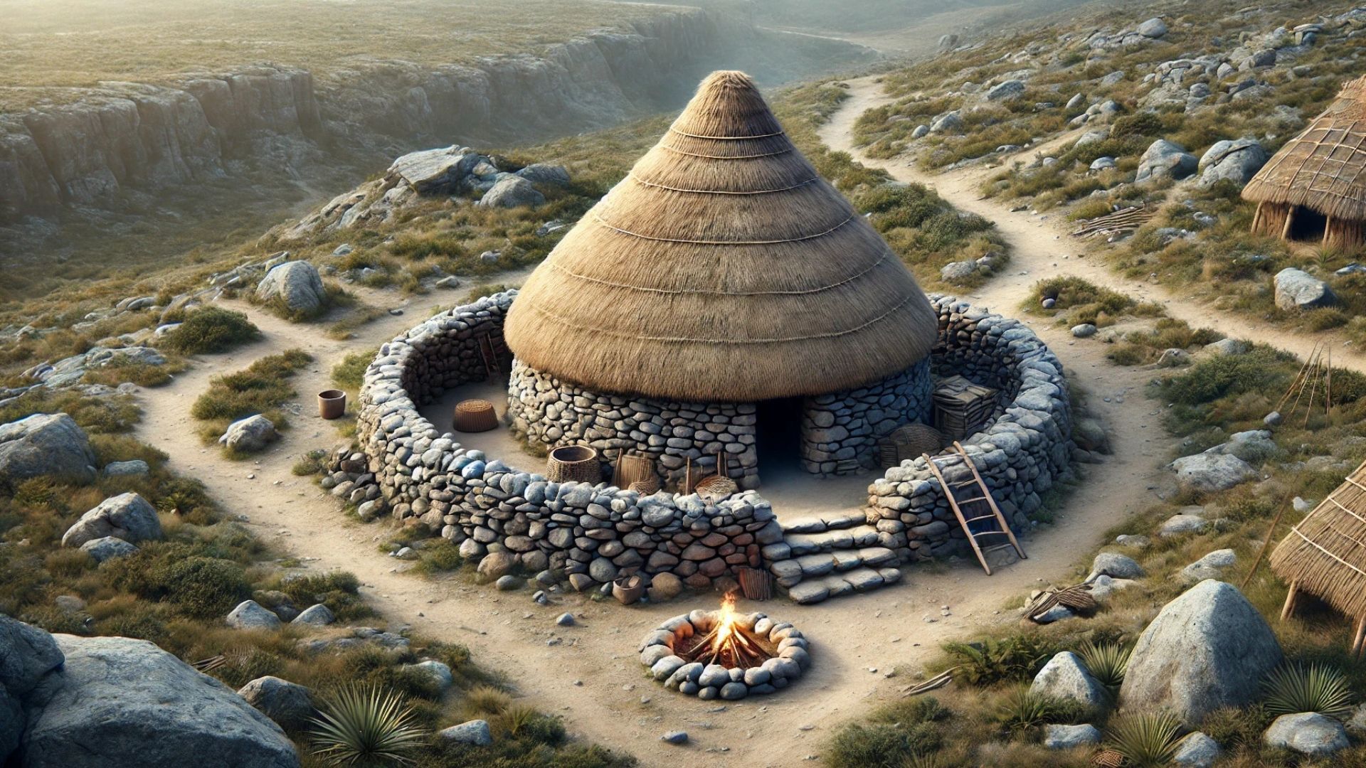 Stone-walled, thatched-roof hut within a circular enclosure. Pathway winds through a hilly, rocky landscape. A fire pit in front.