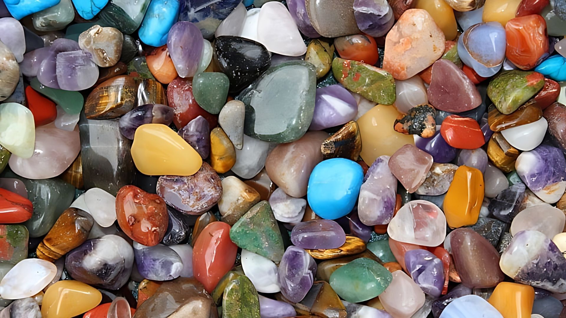Close-up of a pile of colorful, polished gemstones in various shapes and sizes.