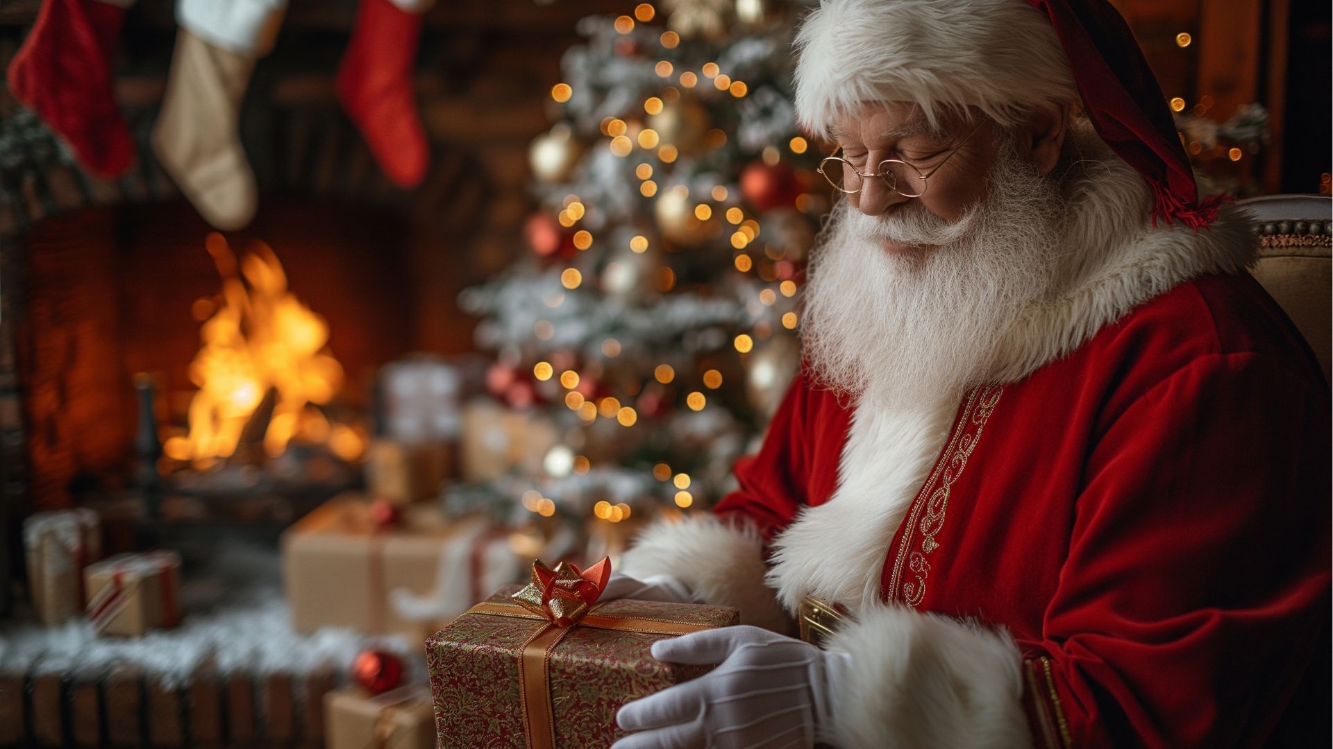 Santa Claus wrapping a present near a Christmas tree and fireplace.