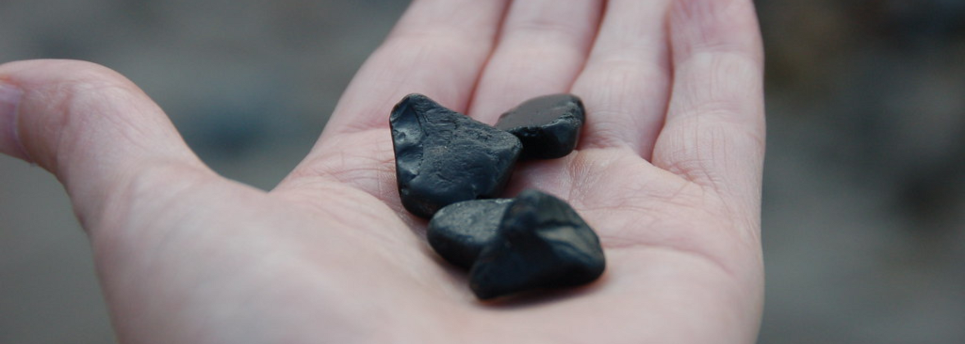Hand holding three dark, rough-edged rocks.